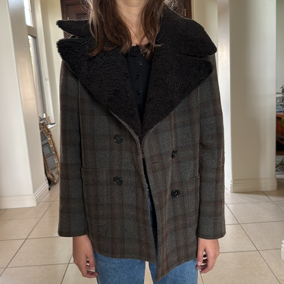 Plaid Double-Breasted Jacket with removable sheepskin collar - Picture 4 of 6